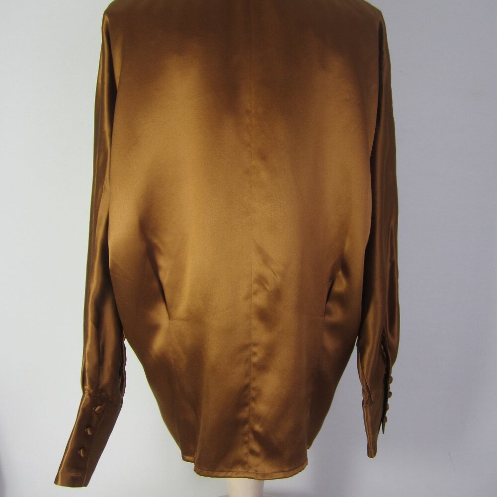 Vtg Stefano Studio Women 4 Brown High Neck 100% Silk Shirt Covered Buttons S 80s - Picture 8 of 9